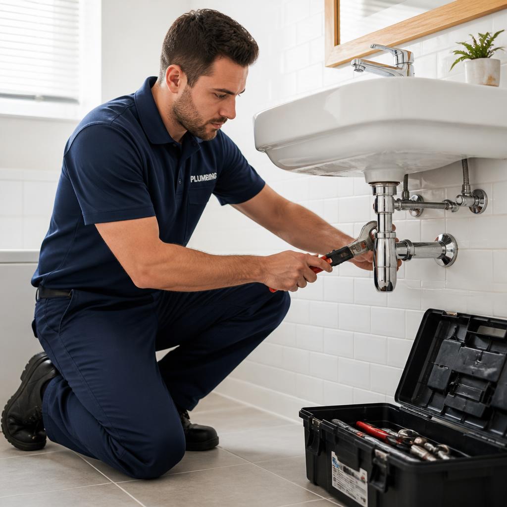 Plumber repairing a drain pipe under a bathroom sink